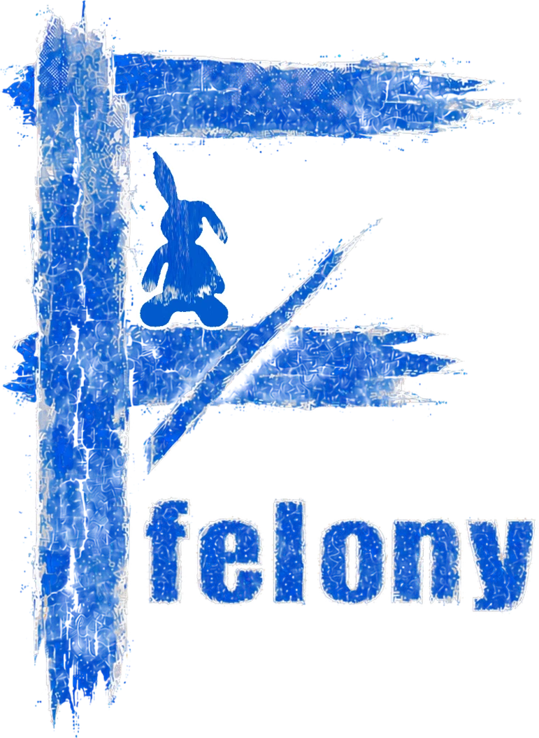 FELONY logo: cobalt tally-mark F with sad bunny